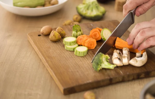 Cooking Home Concept Man Hands Slices Vegetables Cooking Vegetarian Healthy — Stock Photo, Image