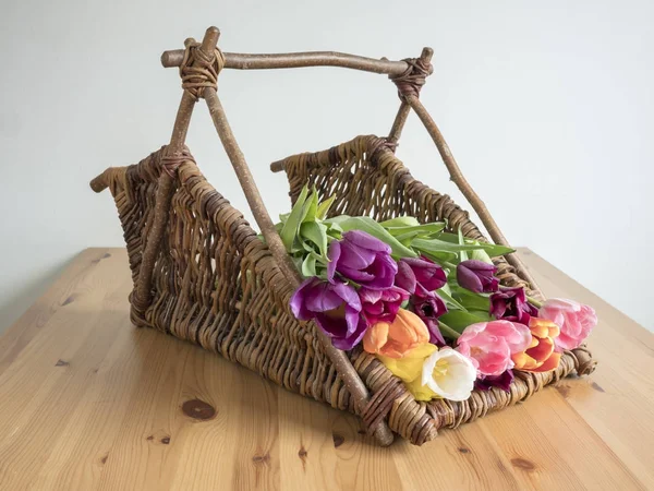 Wicker Basket Tulips Wooden Table — Stock Photo, Image