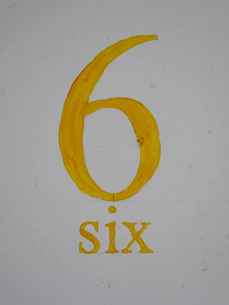 Yellow Coloured Digit Six Handpainted Word Numeral White Background — 스톡 사진