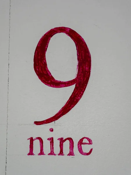 Red Coloured Digit Nine Handpainted Word Numeral White Background — 스톡 사진