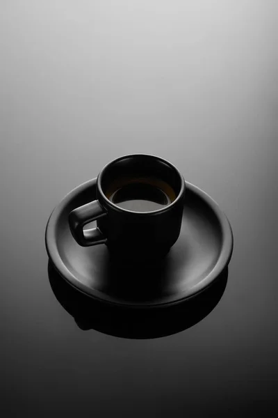 Still Life Black Cup Saucer Hot Black Coffee Grey Surface — Stock Photo, Image