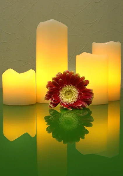 Une Gerbera et des bougies électriques sur la table en verre vert — Photo