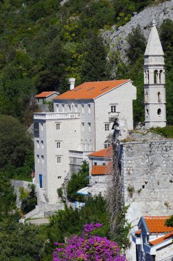 Bir taret ve yeşilliklerle çevrili bir yamaca döşenmiş bir çatı ile güzel taş ev