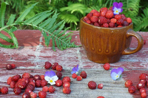 Pełny gliniany kubek dojrzałych czerwonych truskawek na stole obok paproci i fioletowych kwiatów — Zdjęcie stockowe