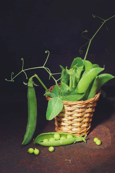 Зеленый горох стручки из сада кровати в небольшой плетеной корзине на темном фоне — стоковое фото