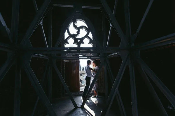 Pretty wedding couple in the tower — Stock Photo, Image