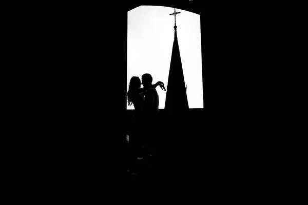 Pretty wedding couple in the tower — Stock Photo, Image