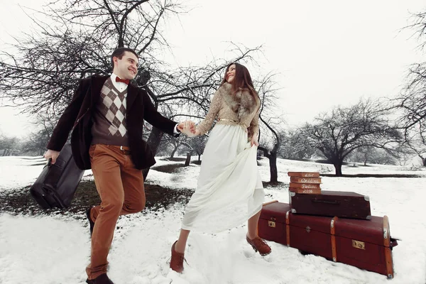 恩爱的夫妻，满的行李箱在冬季公园 — 图库照片