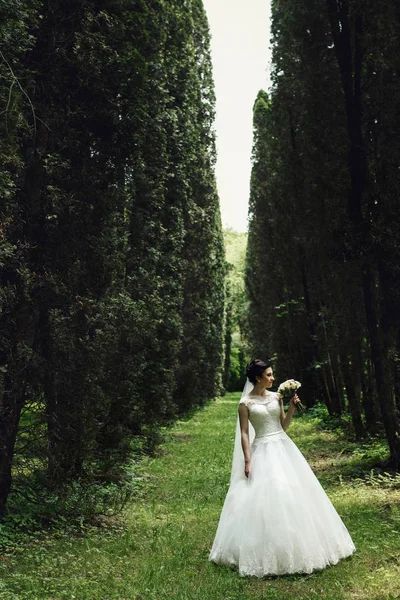 Bruna sposa posa nella foresta — Foto Stock