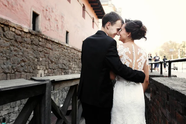 Recién casados en un paseo cerca del viejo castillo —  Fotos de Stock