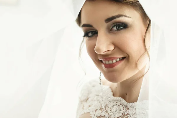 Elegant bride in lace gown under veil — Stock Photo, Image