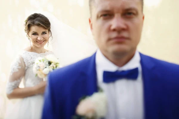 Stunning newlyweds by beige wall — Stock Photo, Image