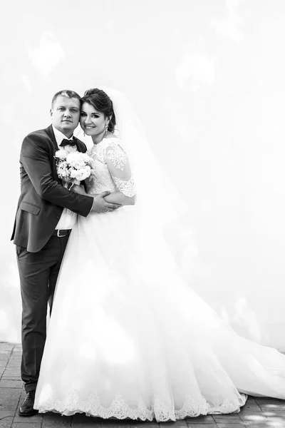 Superbes jeunes mariés par mur léger — Photo
