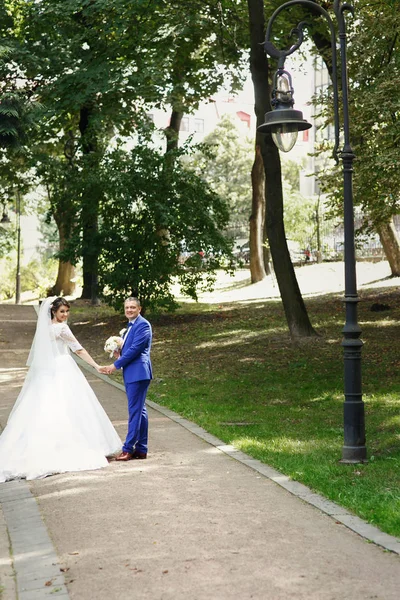 Bruden och brudgummen på en promenad i park — Stockfoto