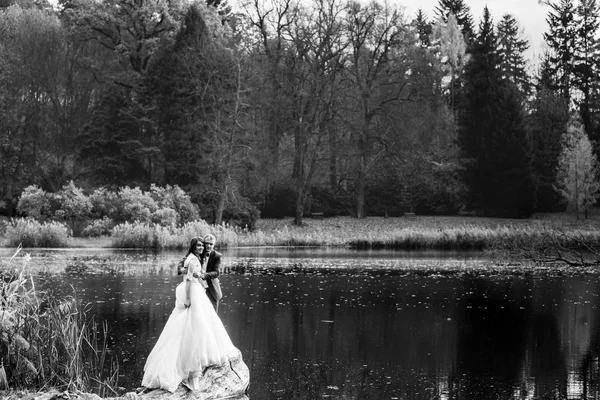 Hermosa pareja de boda por el lago de otoño —  Fotos de Stock