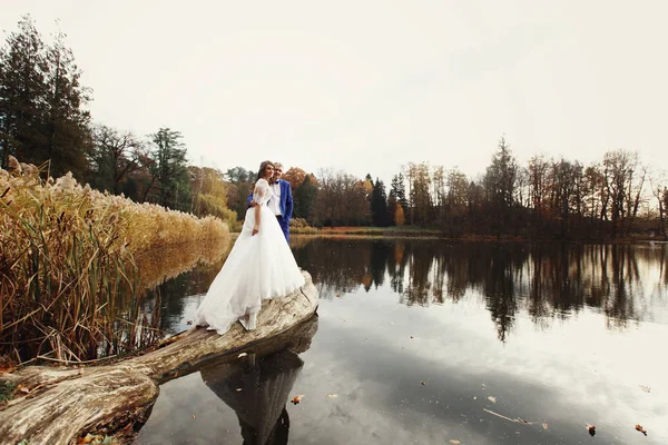 Hermosa pareja de boda por el lago de otoño — Foto de Stock