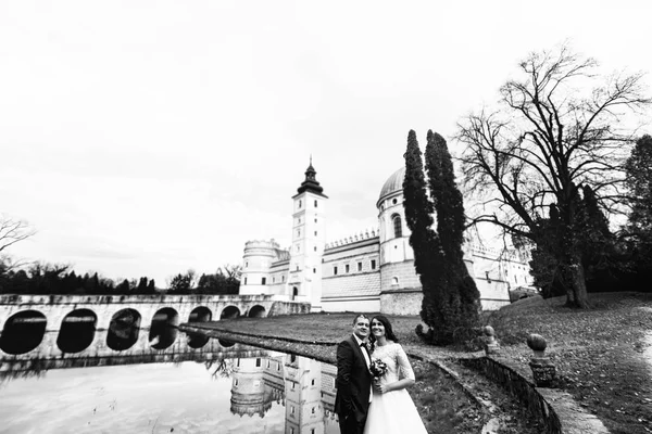 美しい古いお城でゴージャスな新婚夫婦 — ストック写真