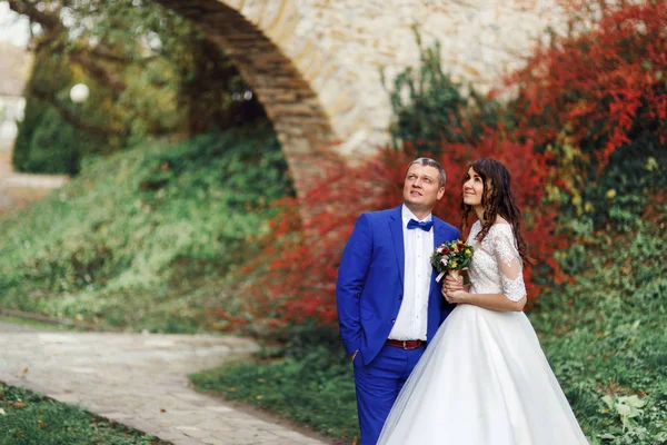 新婚夫婦の赤い秋の茂みの前でポーズ — ストック写真