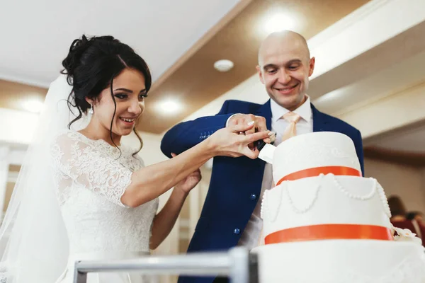 Recién casados cortando pastel de bodas — Foto de Stock