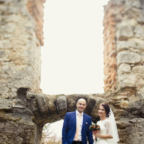 Жених и очаровательная невеста на развалинах — стоковое фото