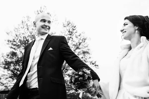 Happy newlyweds in autumn park — Stock Photo, Image