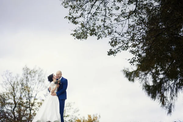 Câlins tendres des jeunes mariés dans le parc d'automne — Photo