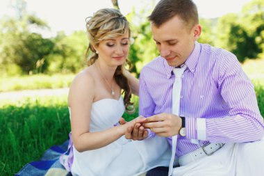 Çift yeşil Çimlerde piknik üzerinde düğün