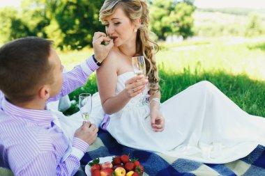 Çift yeşil Çimlerde piknik üzerinde düğün