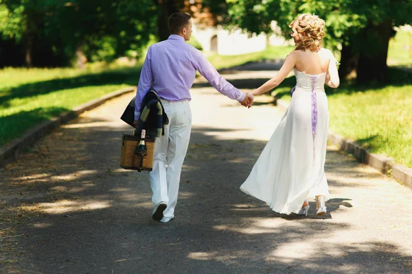 Recém-casados no parque com cesta para piquenique — Fotografia de Stock