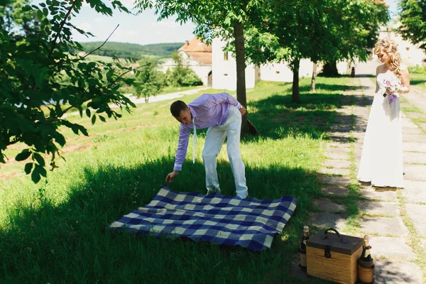 Çift yeşil Çimlerde piknik üzerinde düğün — Stok fotoğraf