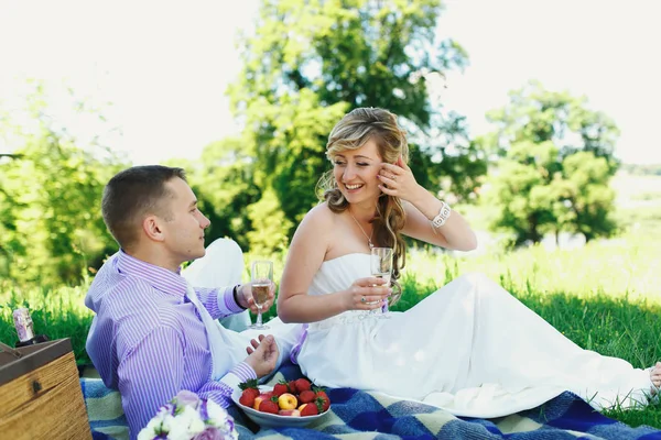 Bröllop par på grön gräsmatta på picknick — Stockfoto