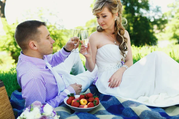 Wedding couple on green lawn on picnic — Stock Photo, Image