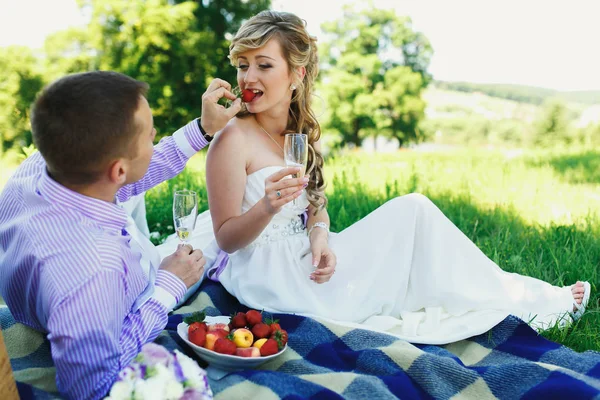 Bröllop par på grön gräsmatta på picknick — Stockfoto