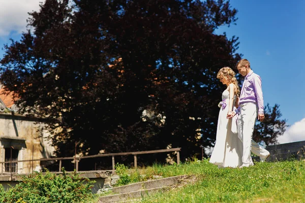 Bruiloft paar staande op de groene heuvel — Stockfoto