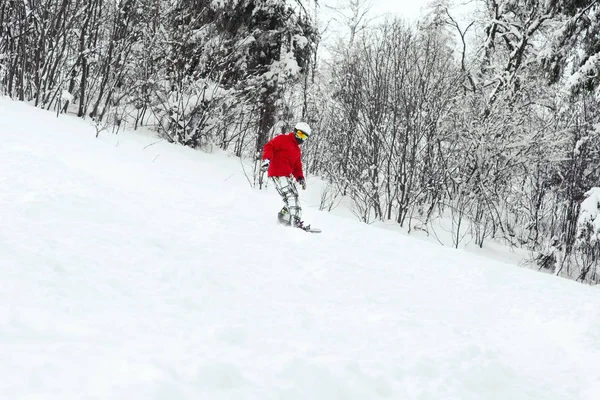 Snowboarder goza de neve nas montanhas — Fotografia de Stock