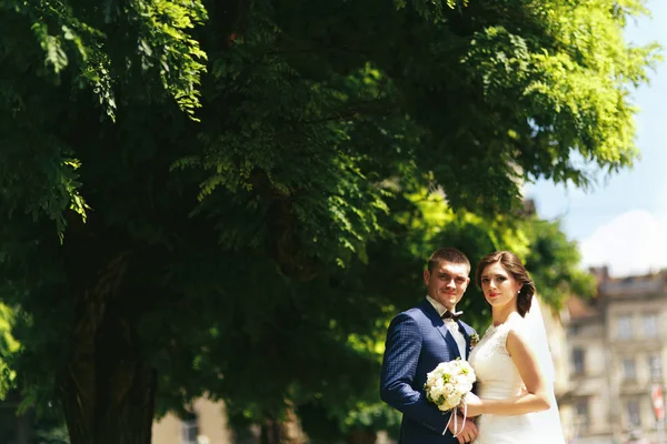 Frischvermählte beim Spaziergang im Park — Stockfoto