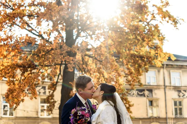 Recién casados en un paseo el día de su boda — Foto de Stock