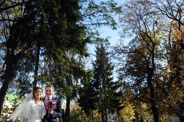 Nygifta på en promenad på deras bröllopsdag — Stockfoto