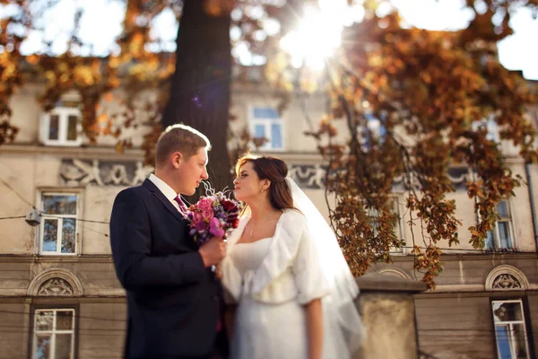 Nygifta på en promenad på deras bröllopsdag — Stockfoto