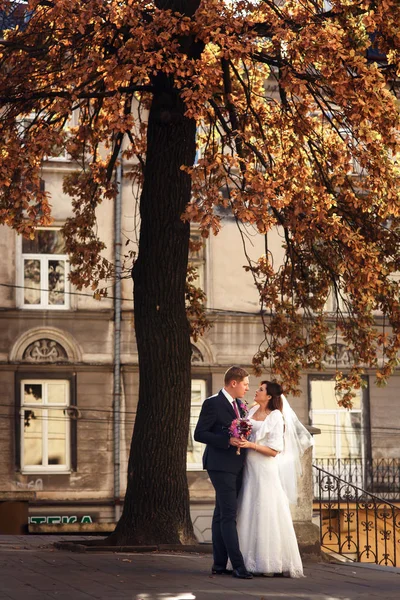 Nygifta på en promenad på deras bröllopsdag — Stockfoto