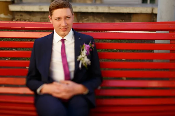 Ženich v obleku s fialovou kravatou a boutonniere — Stock fotografie