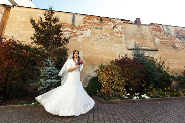 Bonita novia con ramo violeta — Foto de Stock