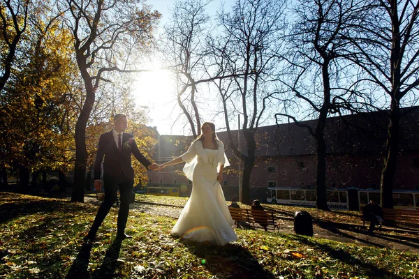 Nygifta på en promenad i höst park — Stockfoto