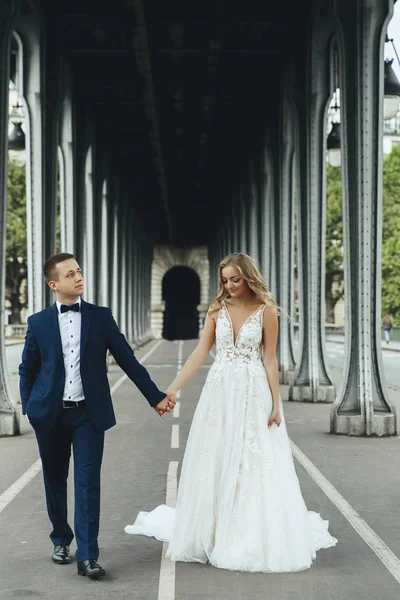可爱的新婚夫妇在桥下的某个地方在巴黎 — 图库照片