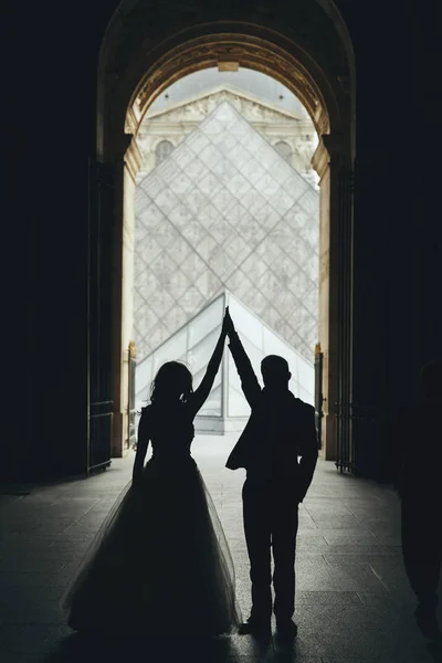 Bruden Och Brudgummen Poserar Louvren Paris Frankrike — Stockfoto