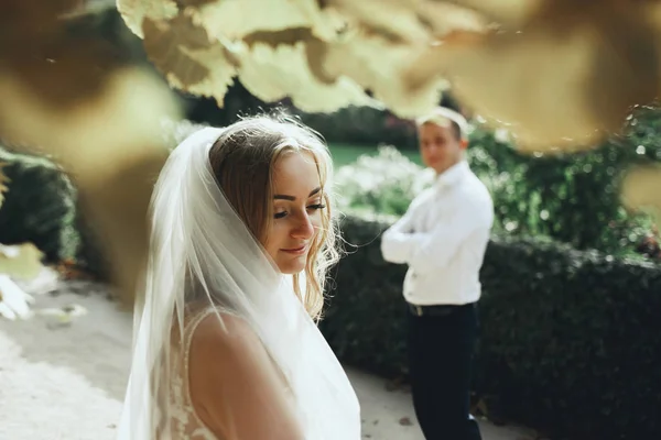 Alegre Recién Casados Posan Parque Soleado Algún Lugar París —  Fotos de Stock