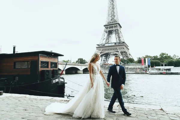 豪华婚礼情侣摆在塞纳河和埃菲尔铁塔前的巴黎某处 — 图库照片