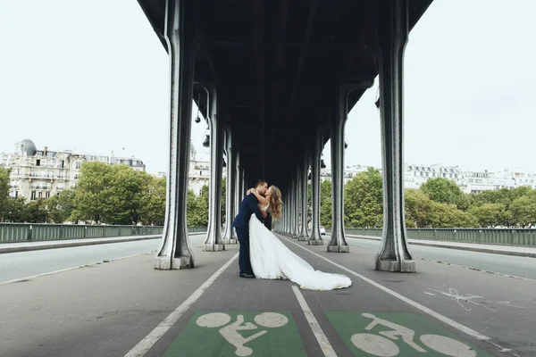 Çok Güzel Düğün Çifti Bir Yere Paris Köprüsünün Altında Poz — Stok fotoğraf