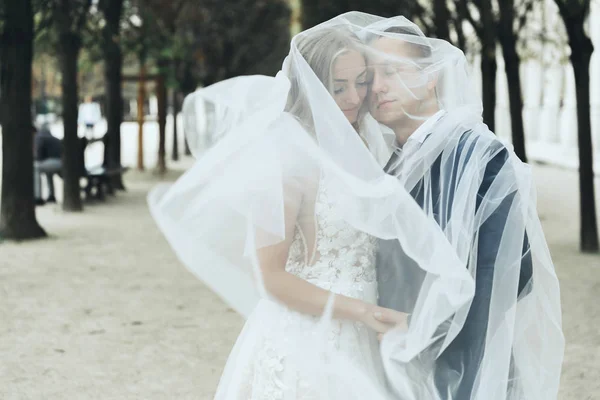 Wedding couple leans to each other tender under a veil somewhere in Paris