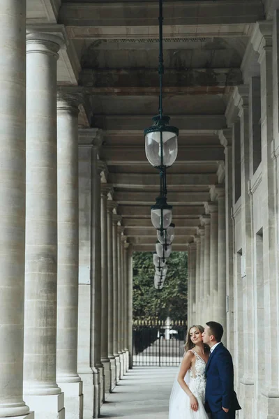 迷人的新婚夫妇看起来奢华的穿着优雅的礼服在巴黎浪漫的街道上 — 图库照片